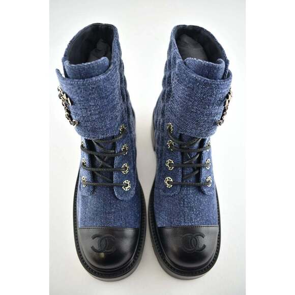 Chanel 21A Blue Black Quilted CC Chain Combat Lace Up Tie Ankle Short Boots 39 - Picture 8 of 12